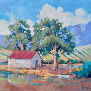 Mudbrick shed & Eucalyptus trees